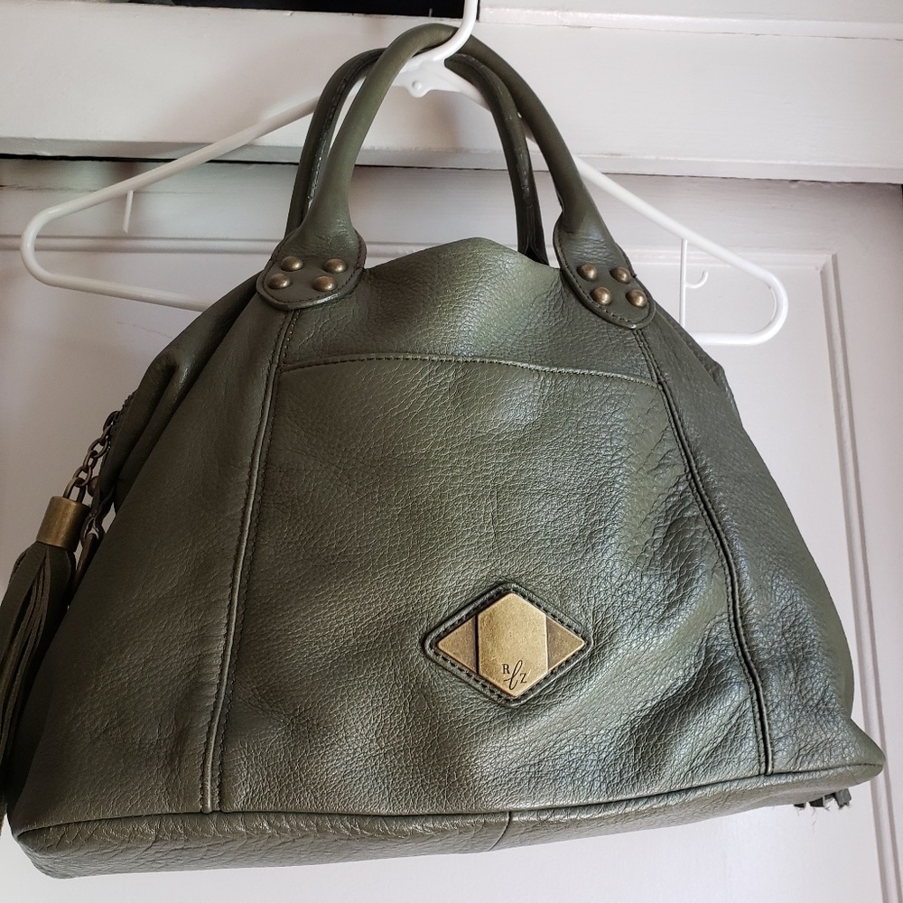 Olive green leather satchel. Boho chic.